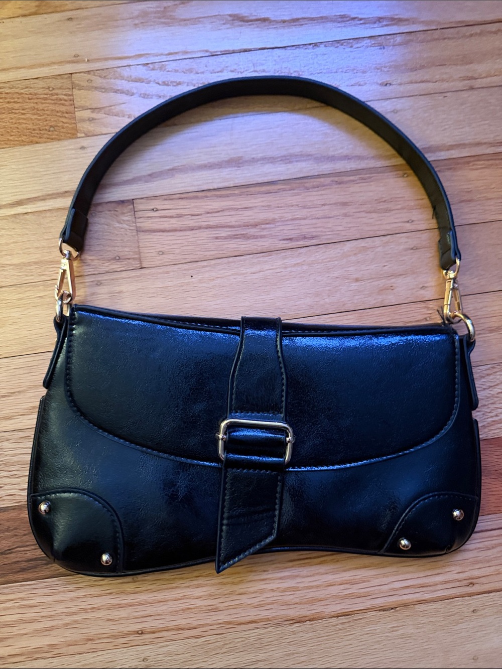 Black Faux Leather and Gold Details Bag